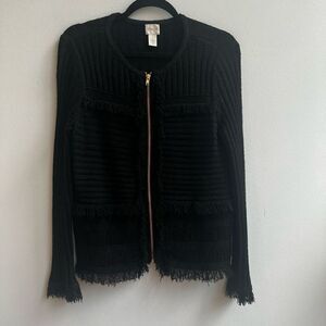Chico's Women's Full Zip Long Sleeves Frayed Hem Sweater Top Black Size 1 / M